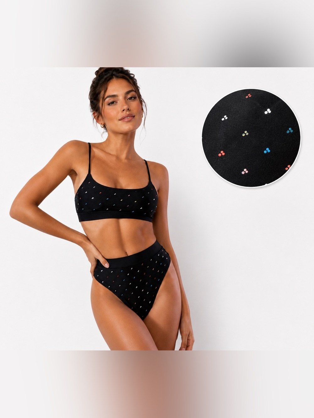 🩷. 736  Black Multicolor Dot Bralette & High-Waist Bikini Set